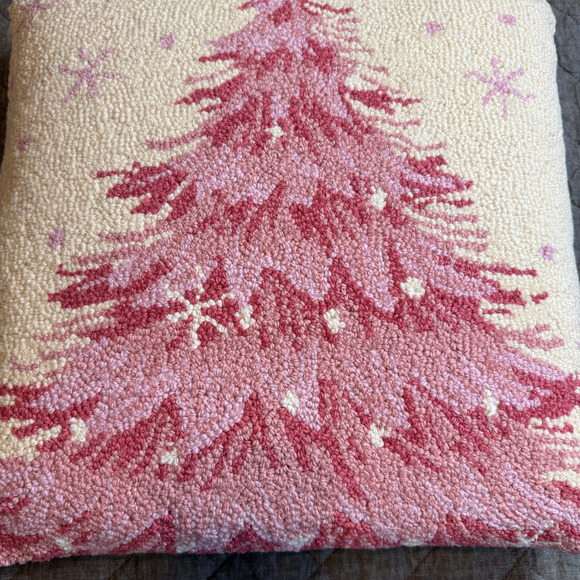 100% Wool Pink Christmas Tree Hook Pillow with Cream Velvet Backing NEW - Picture 2 of 9